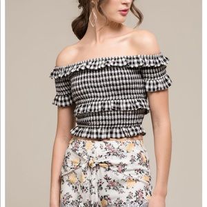 NWT Moon River | Off the shoulder smocked top in Black + White gingham | Small